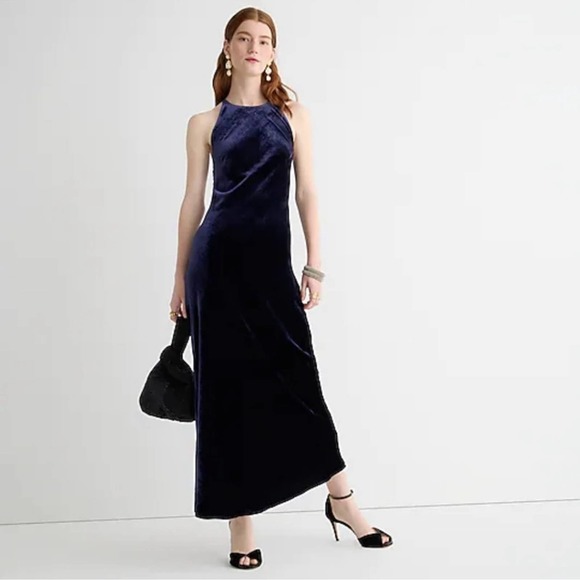 NWT J. Crew Blue Crushed Velvet Silk Sleeveless Halter Slip Maxi Dress 12 - Picture 1 of 17